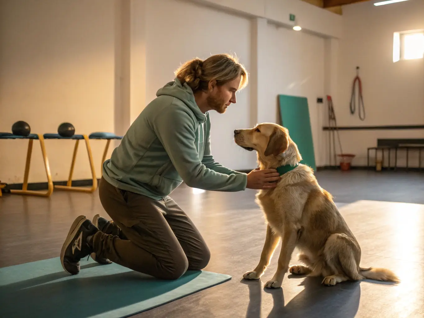 A trainer working patiently with a dog exhibiting anxiety, using positive reinforcement techniques, illustrating MAXISK9's Behavioral Modification service.